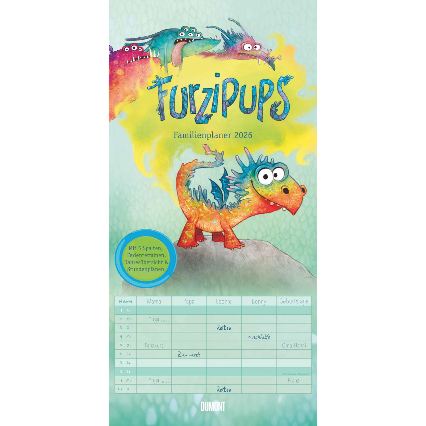 Familienplaner Furzipups der Knatterdrache - 5 Spalten - Kalender 2026